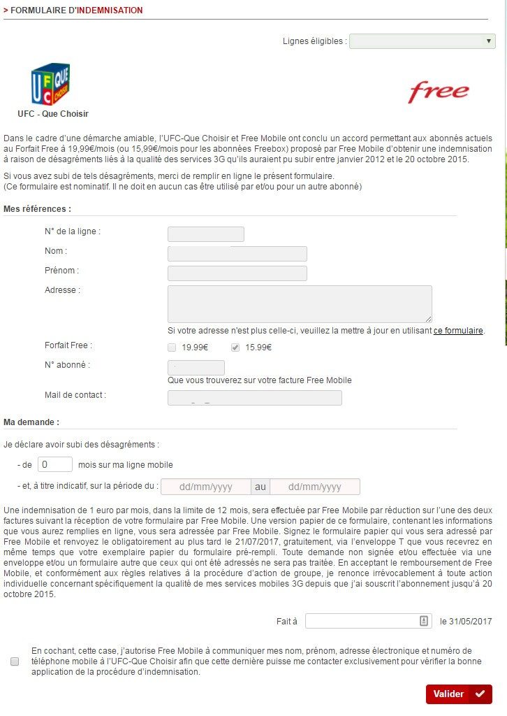 Le formulaire envoyé aux abonnés Free Mobile.