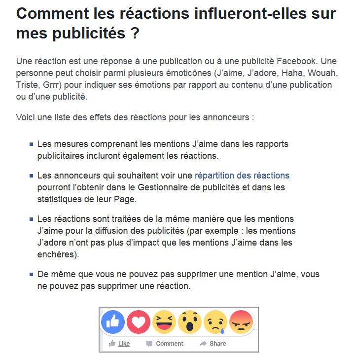 Page Facebook dédiée aux annonceurs