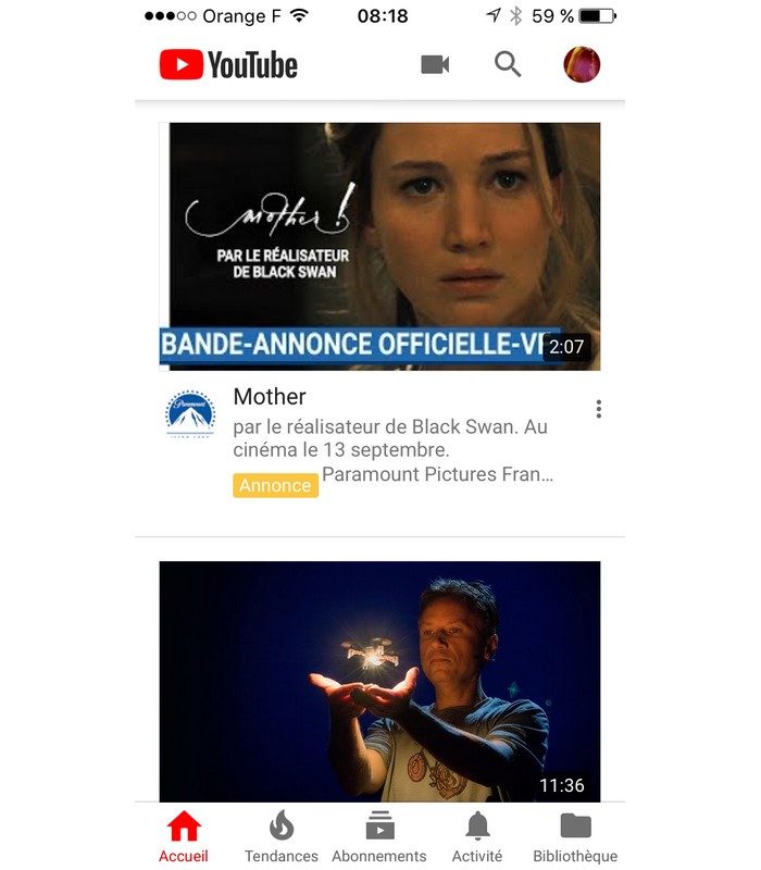 Le visage de la nouvelle application YouTube.