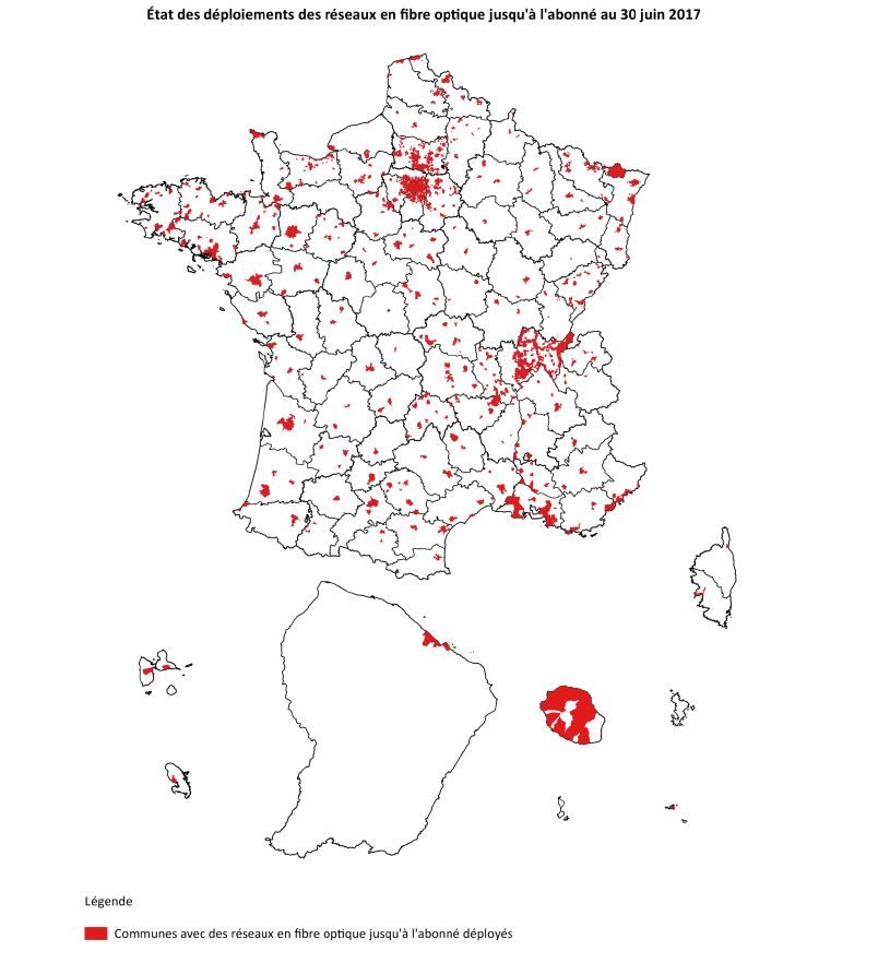 Le déploiement du FttH au 30 juin 2017 en France.