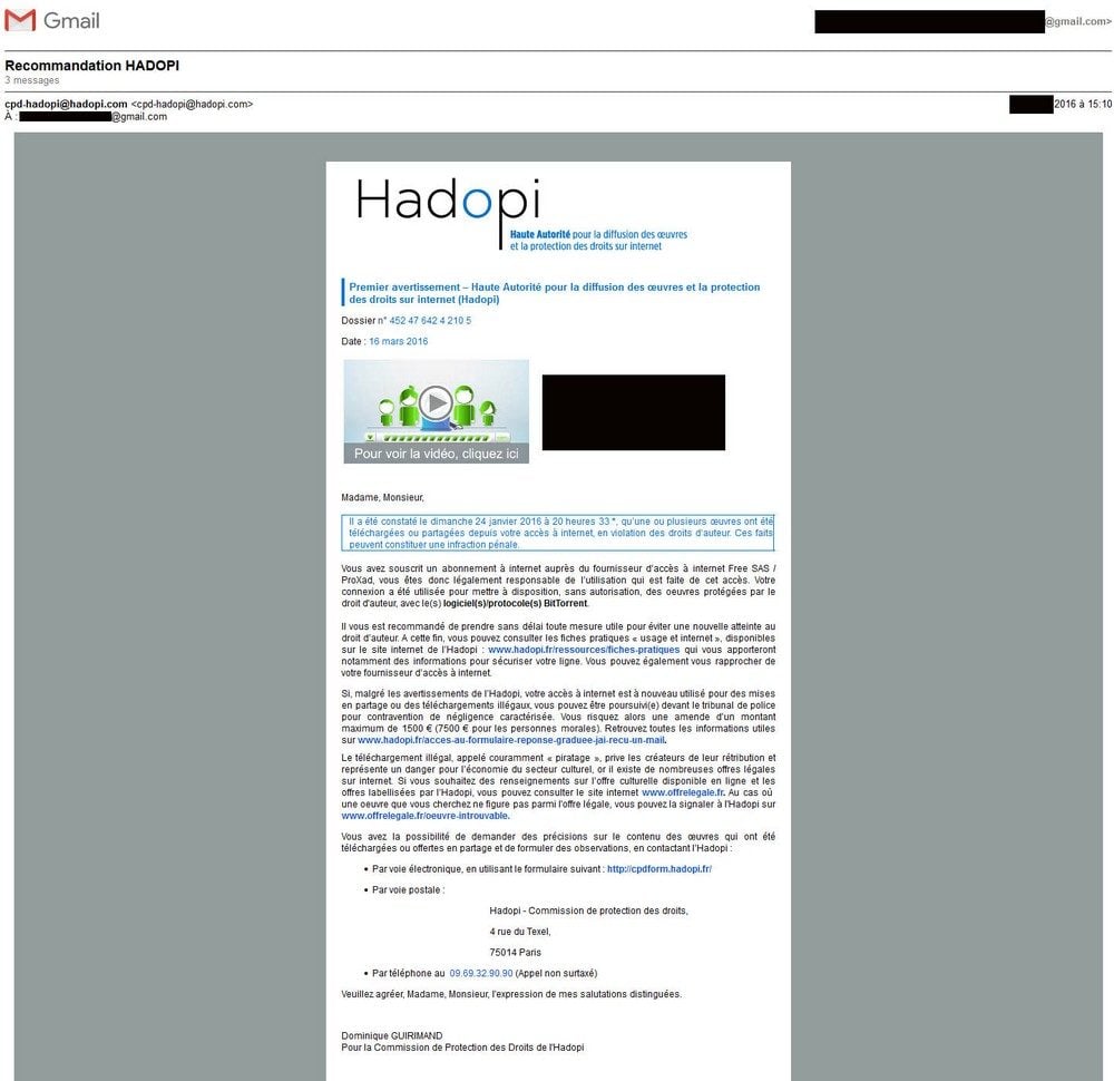 Un premier avertissement de la Hadopi.