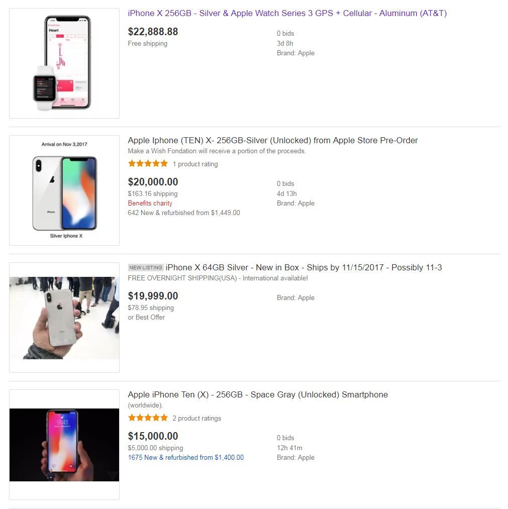 Capture d'écran d'annonces vendant l'iPhone X sur eBay.