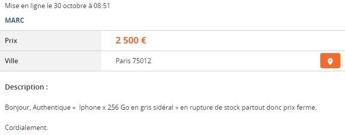 Capture d'écran d'une annonce vendant l'iPhone X sur Le Bon Coin.