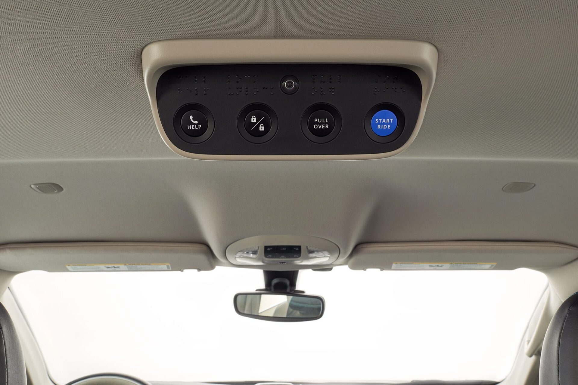 Les quatre boutons à portée de main des passagers dans la voiture autonome de Waymo.