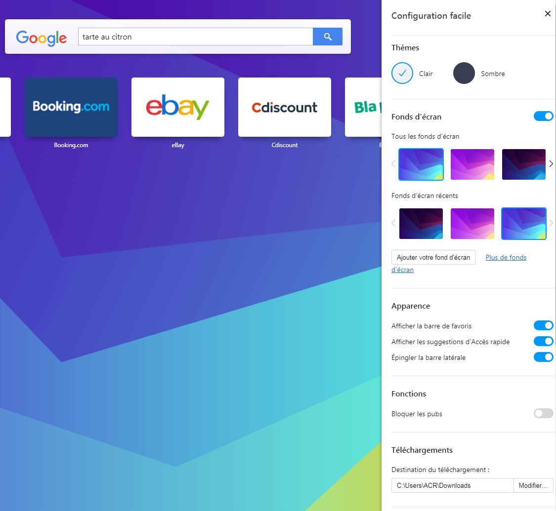 Le panneau d'affichage "Configuration facile".