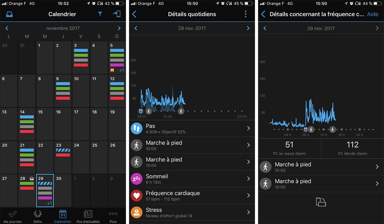 Interface de l'application Garmin Connect