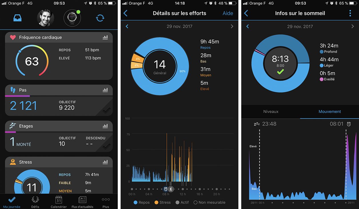 Interface de l'application Garmin Connect