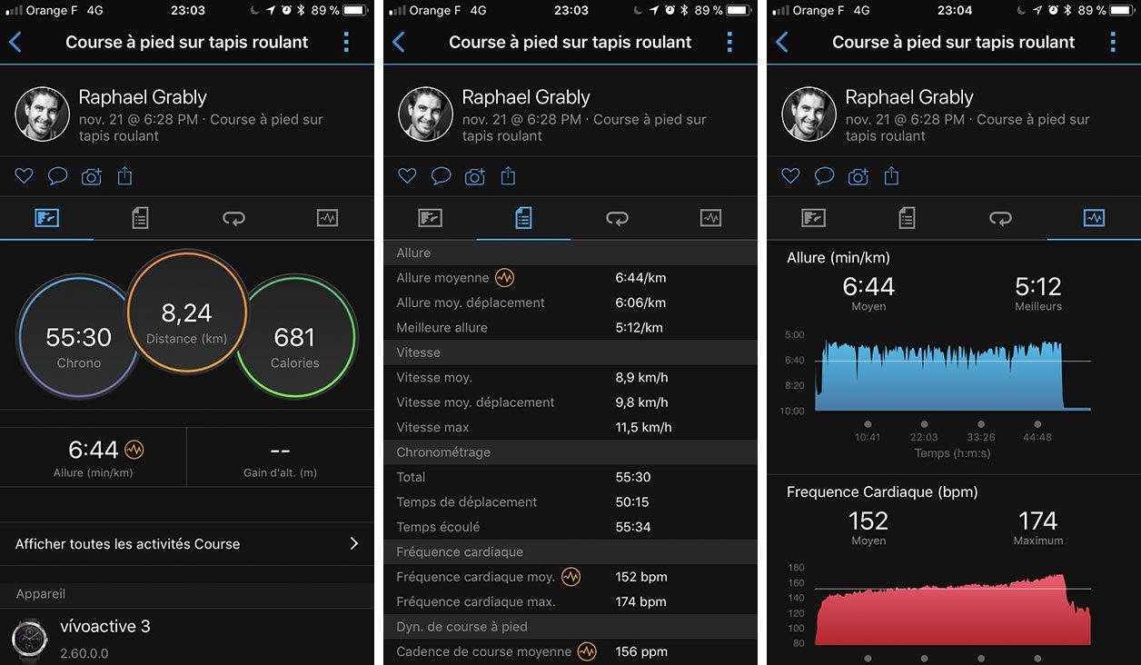 Interface de l'application Garmin Connect