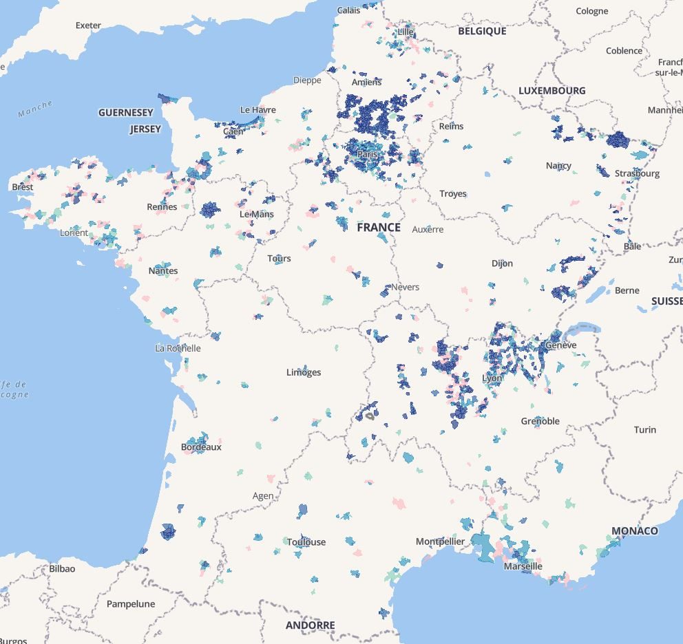 La carte des déploiements de la fibre optique en France au 31 décembre 2017.