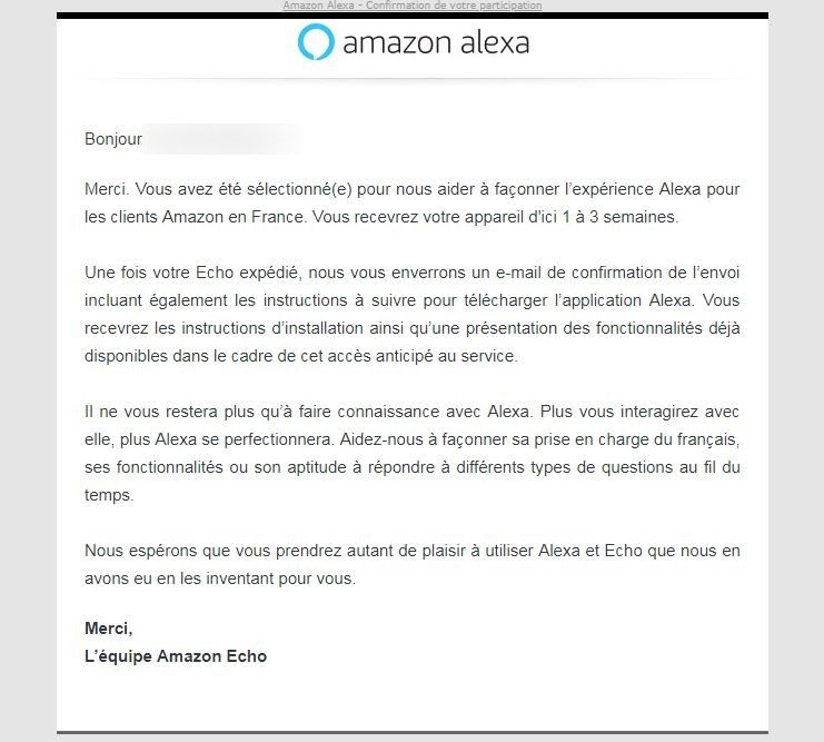 La confirmation d'Amazon.