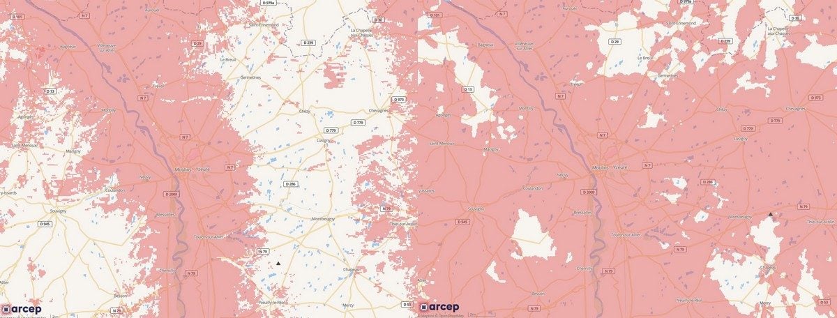 Cartes comparées de l'internet mobile 4G d'Orange à gauche et de Bouygues Telecom à droite.