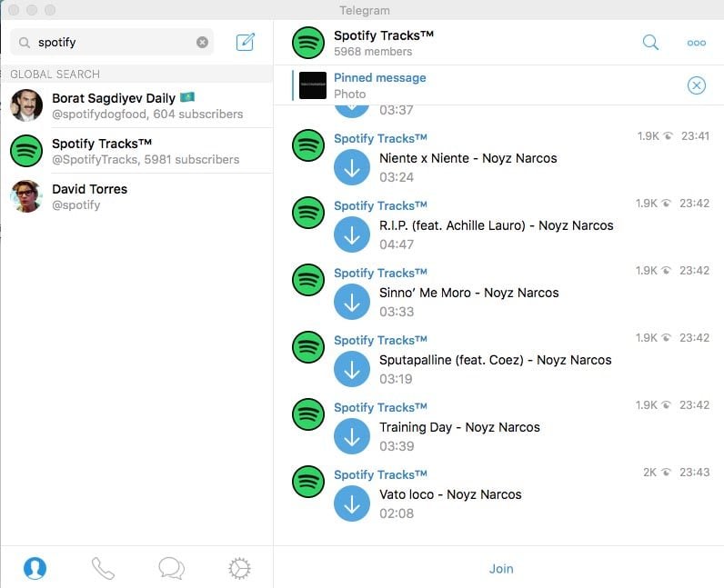 Le catalogue de Spotify sur Telegram.