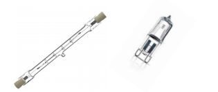 Exemples de lampe linéaire halogène R7s et capsule halogène G9.