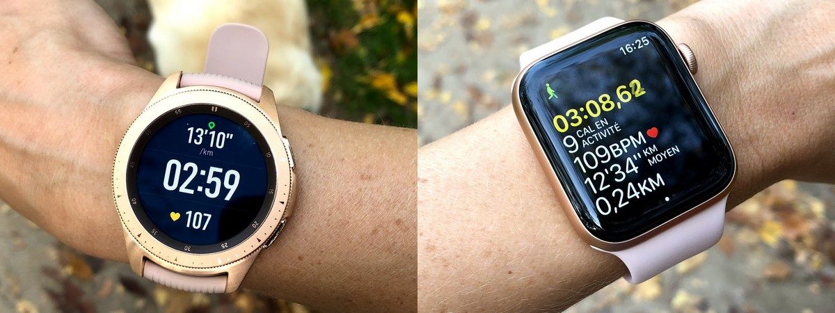 A gauche, la Galaxy Watch. A droite, l'Apple Watch. Toutes les deux suivent une session de running.