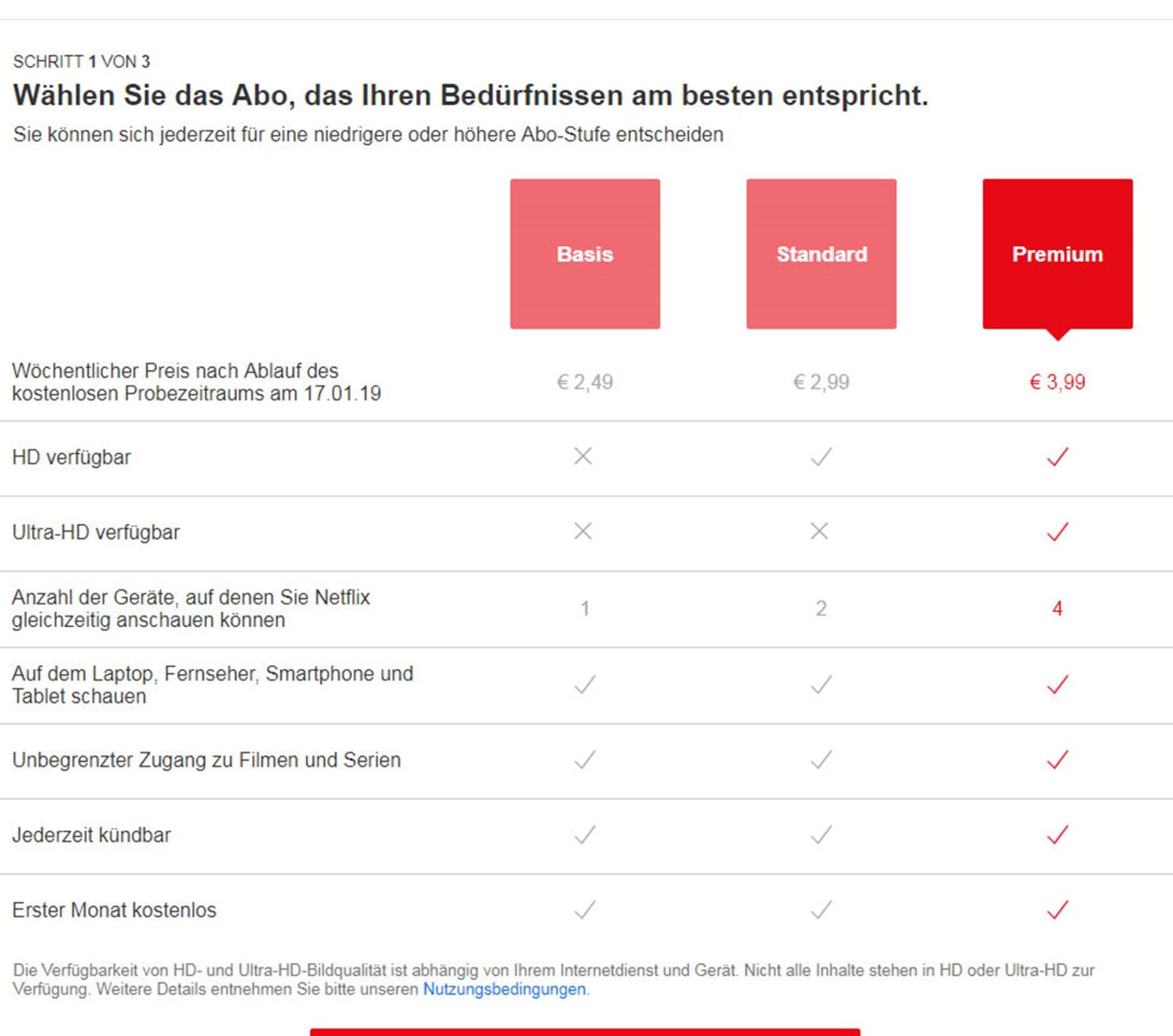 Les trois formules à la semaine que Netflix propose en Autriche.