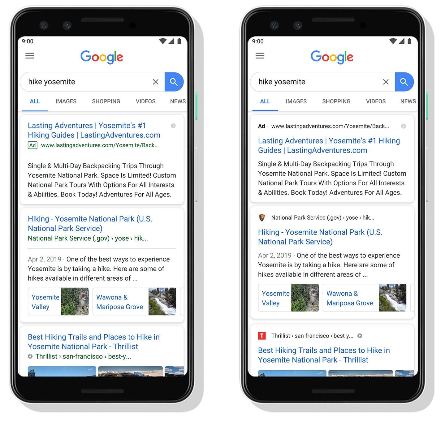 Avant et après le nouveau design de Google Search.