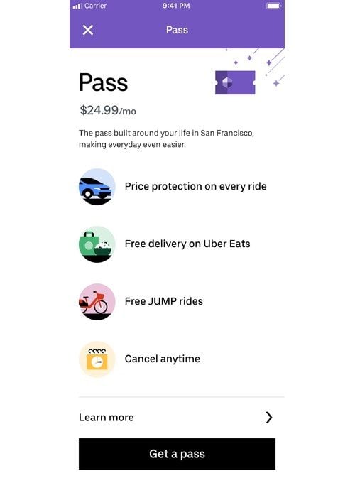 Une capture d'écran de l'application Uber avec le pass.