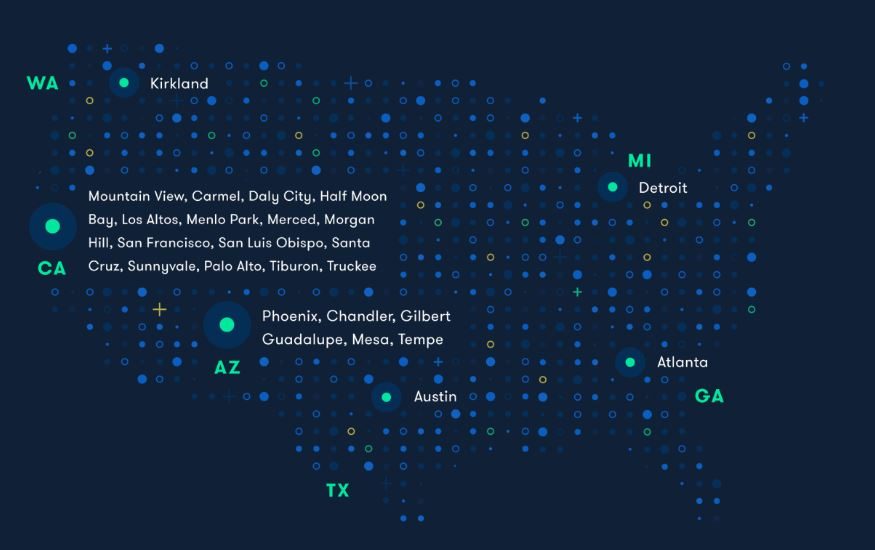 La carte des emplacements de tests de Waymo.