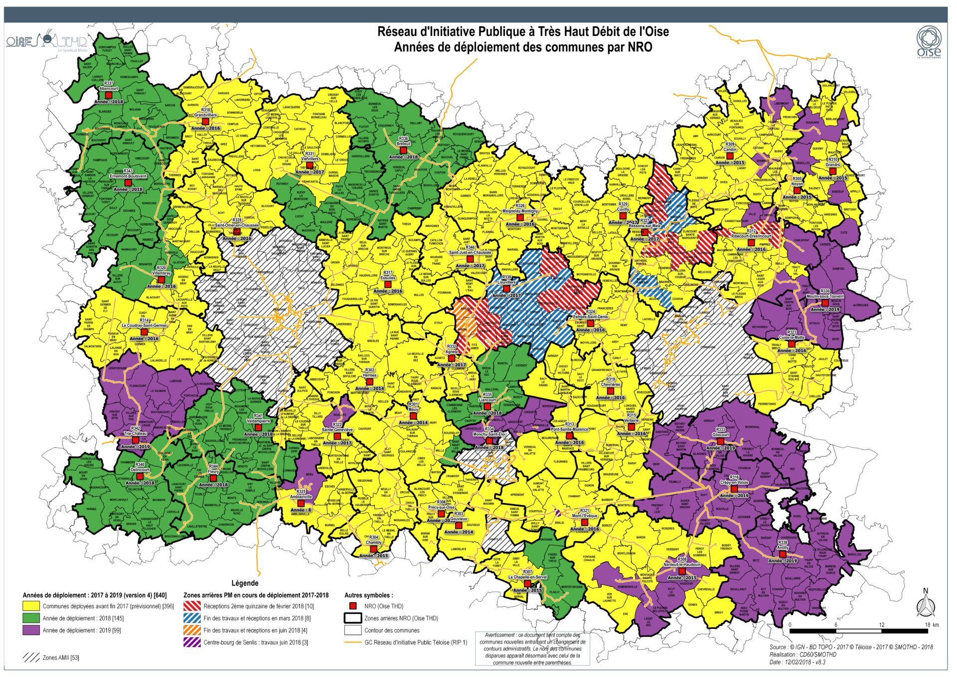 La carte du département de l'Oise avec les zones rurales fibrées.