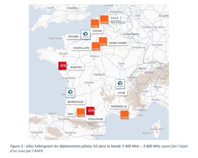 La carte des sites pilotes 5G mesurés par l'ANFR.