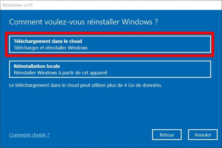Comment réinstaller Windows 10 depuis le cloud