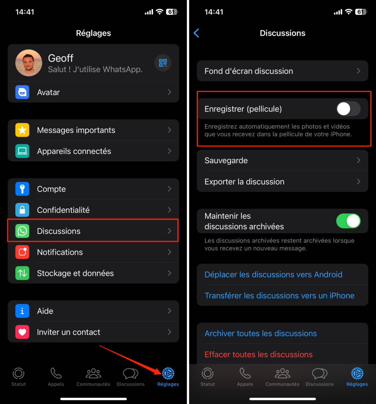 Astuce WhatsApp iOS et Android désactiver sauvegarde auto photos