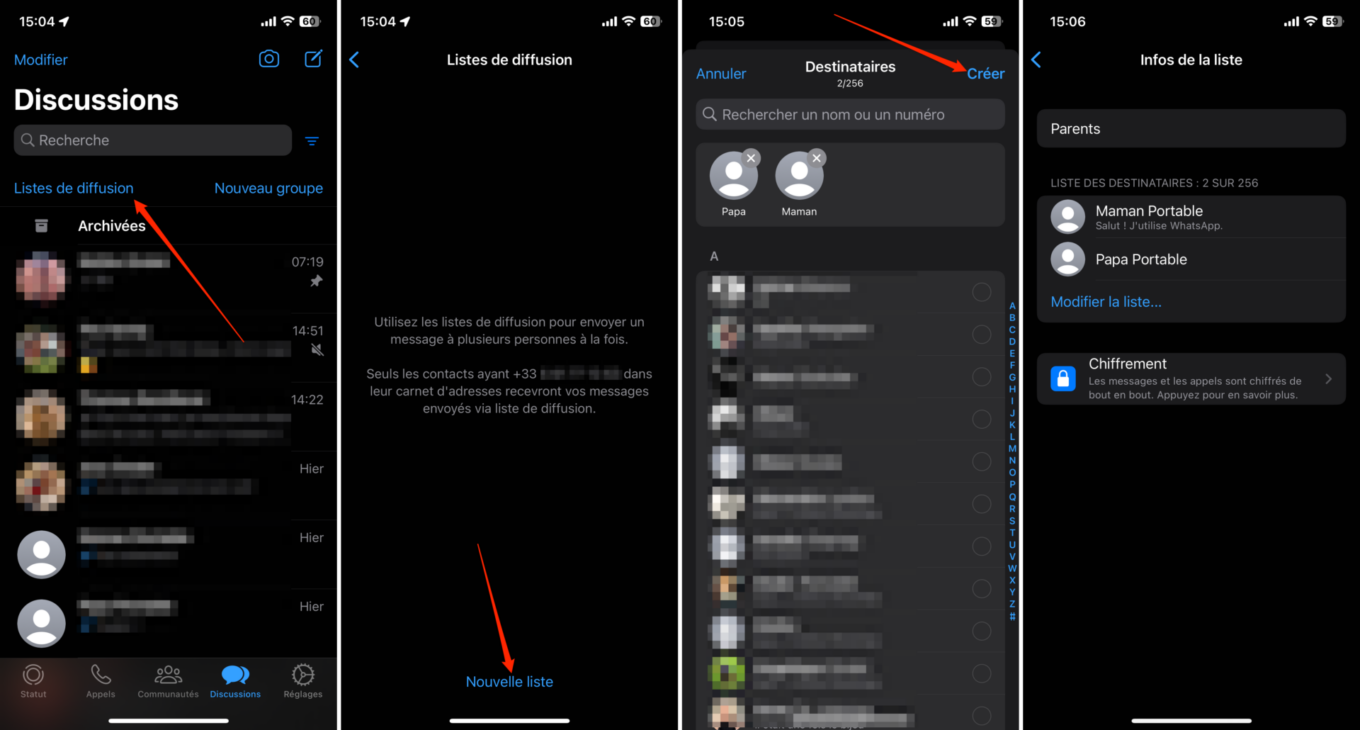 Astuce WhatsApp iOS et Android liste de diffusion