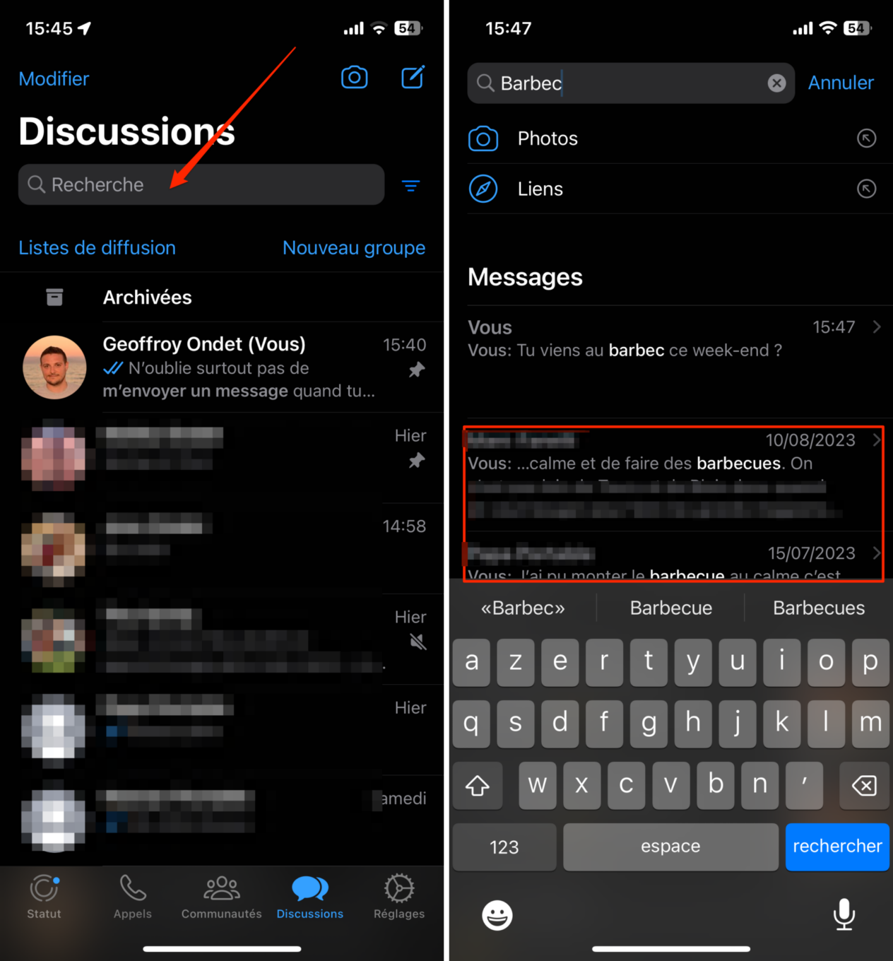 Astuce WhatsApp iOS et Android rechercher un message