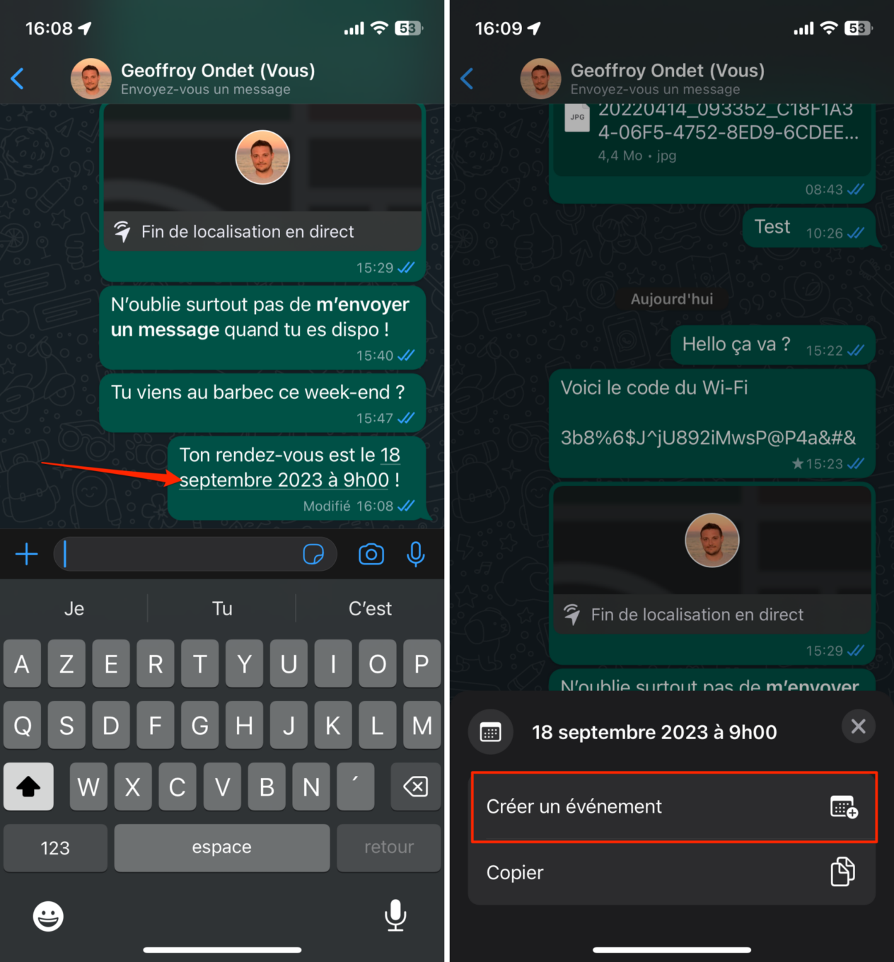 Astuce WhatsApp iOS et Android événement calendrier