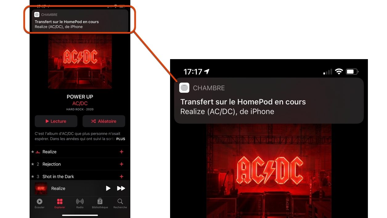 Grâce à la puce U1, il est facile de transférer un morceau en cours de lecture d'un iPhone récent vers le HomePod mini, et inversement.
