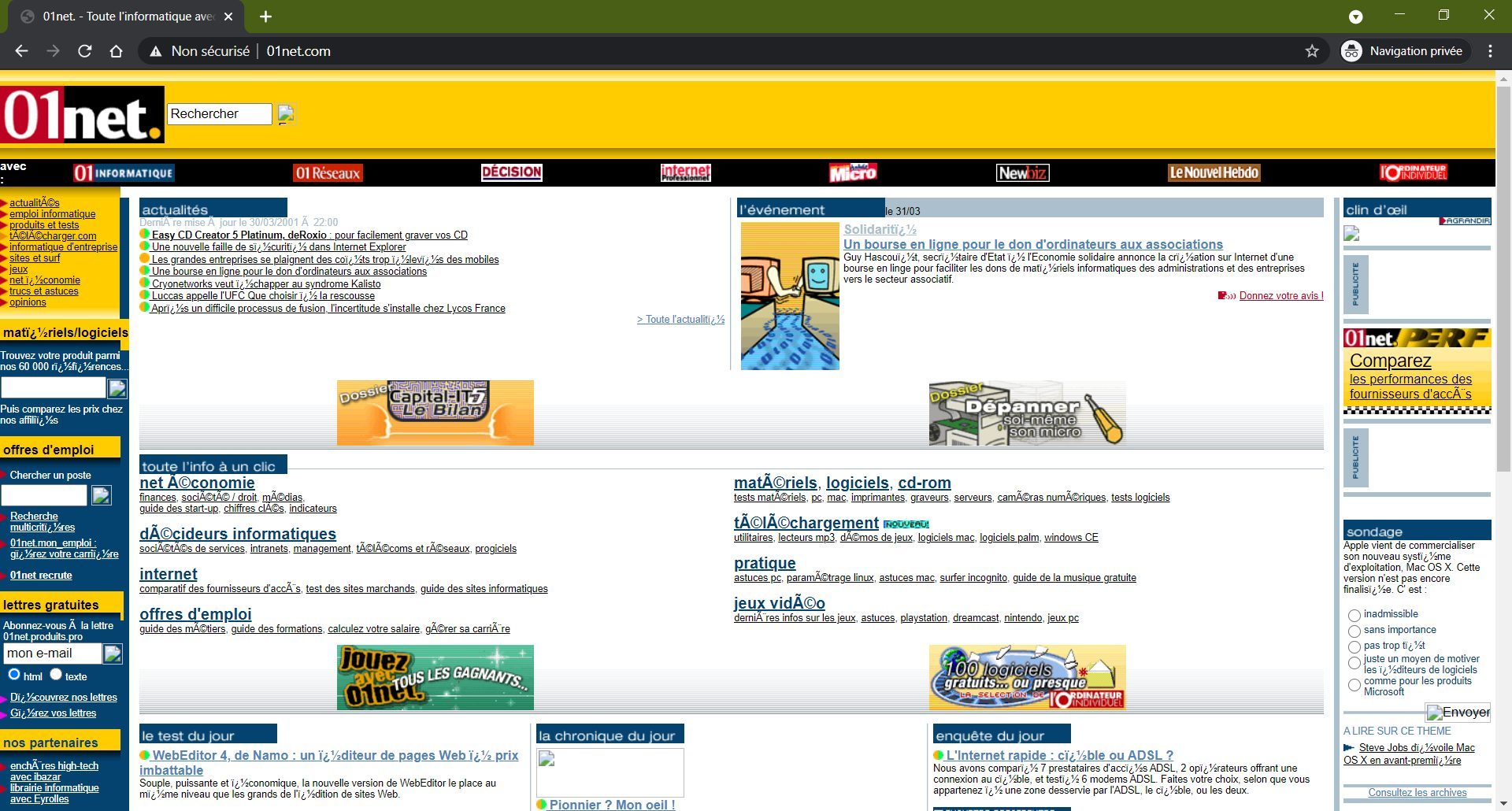 01net.com en avril 2001