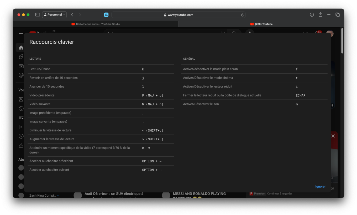 Youtube Raccourcis Clavier