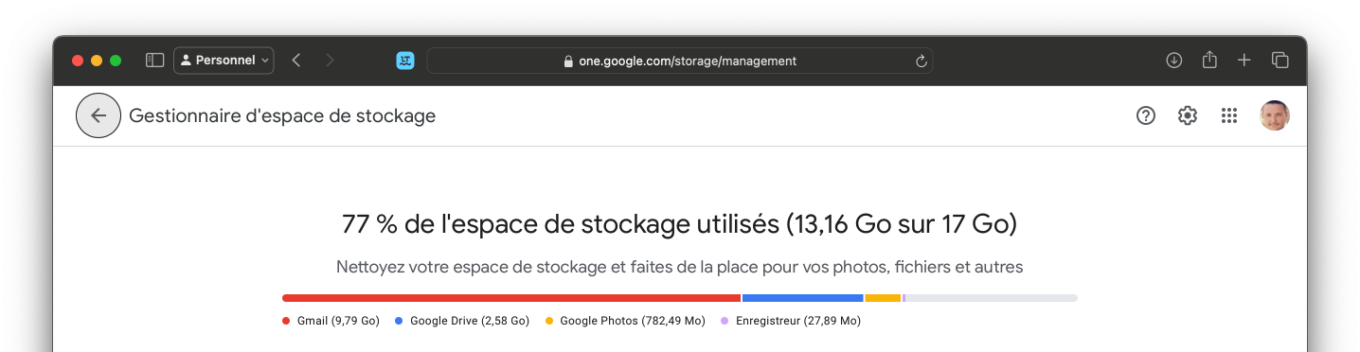 Gestionnaire Stockage Google One