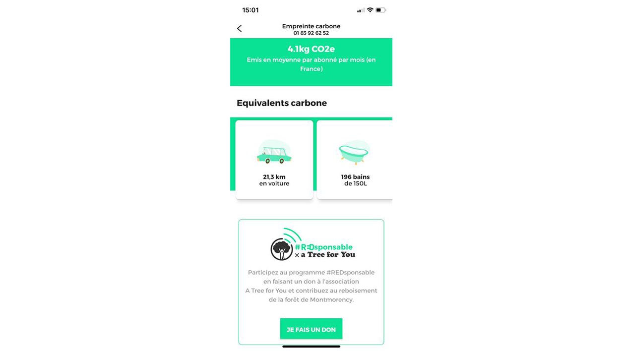 L'empreinte carbone de la consommation de data affichée par RedBySFR. 