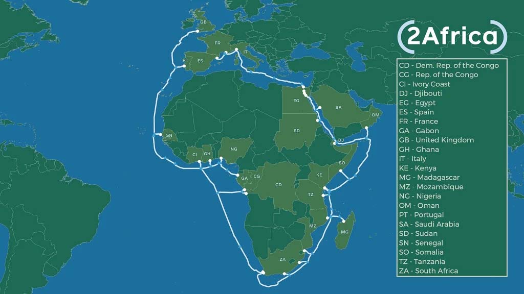 Le tracé du câble 2Africa.