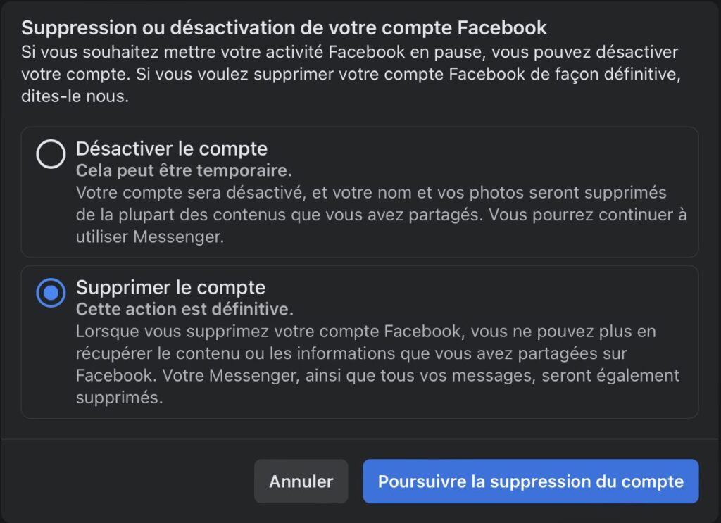 Facebook supprimer compte