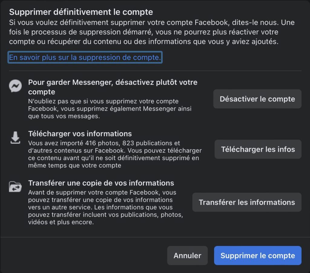 Facebook supprimer compte