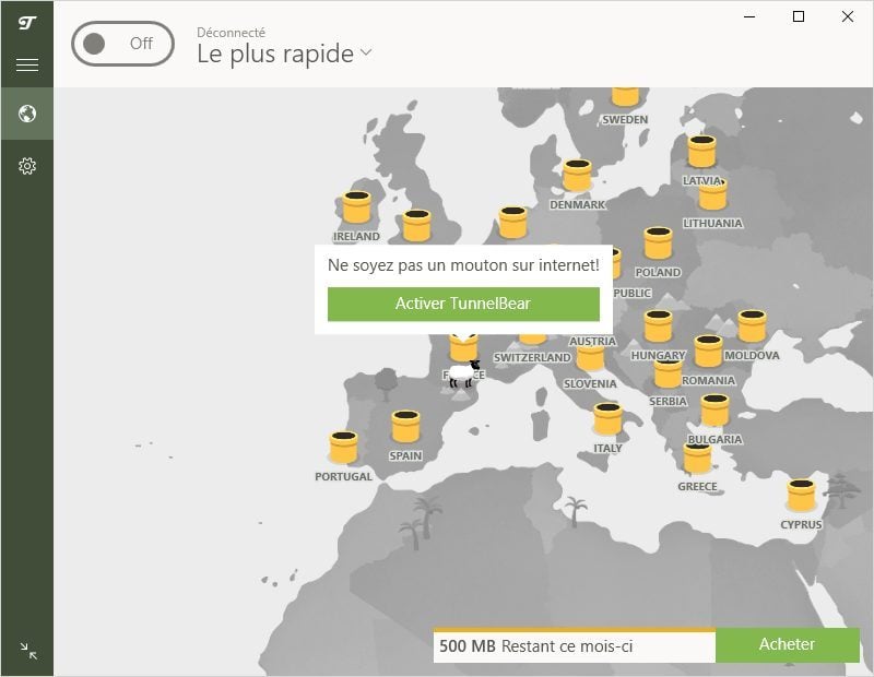 Application TunnelBear VPN désactivé