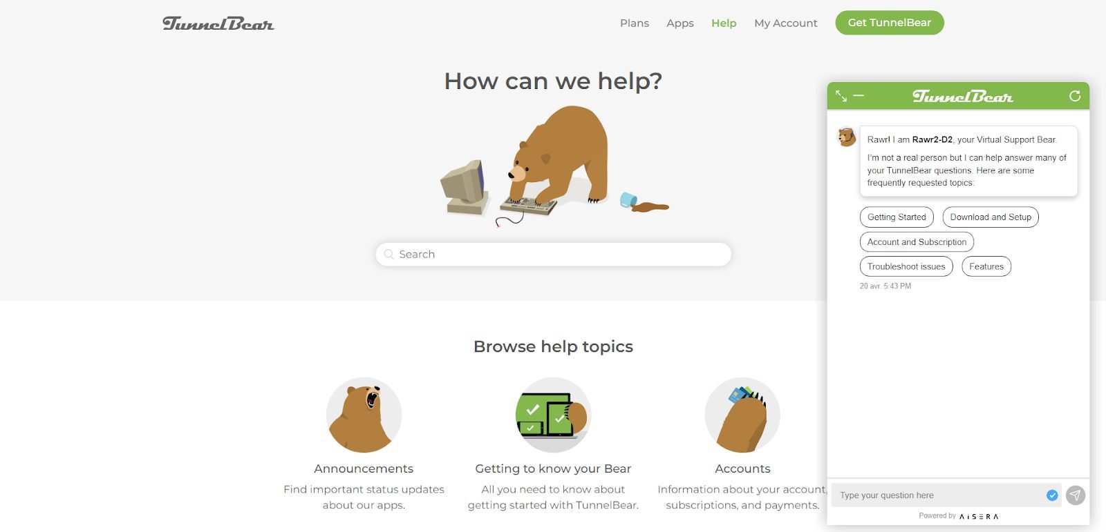 Assistance client TunnelBear