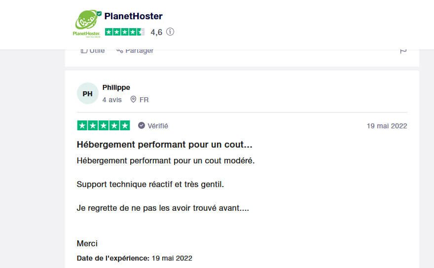 Avis PlanetHoster TrustPilot