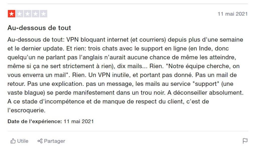 Avis négatif sur Avast SecureLine VPN sur TrustPilot