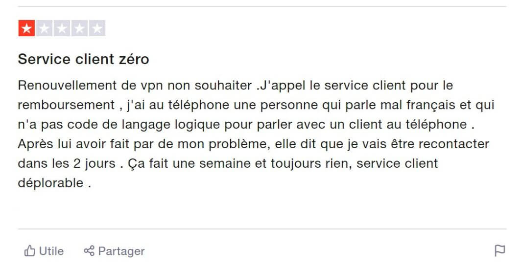 Avis négatif sur Bitdefender VPN sur TrustPilot