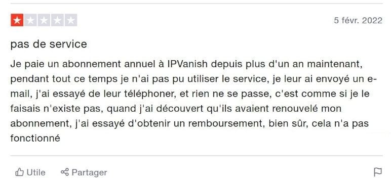 Avis négatif IPVanish TrustPilot