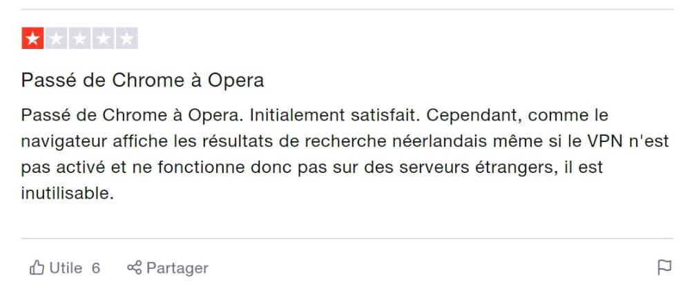 Avis négatif sur Opera VPN sur TrustPilot