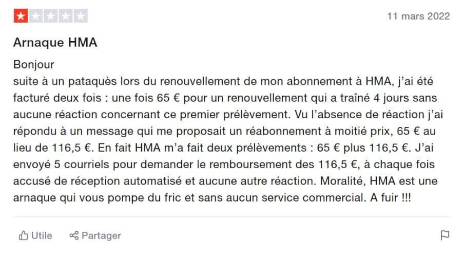 Avis négatif sur HideMyAss sur TrustPilot