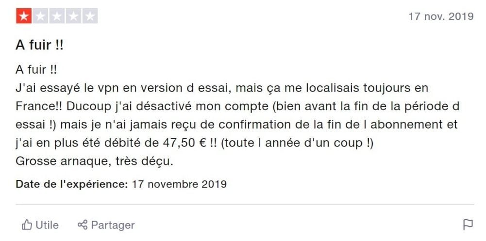 Avis négatif sur VyprVPN sur TrustPilot