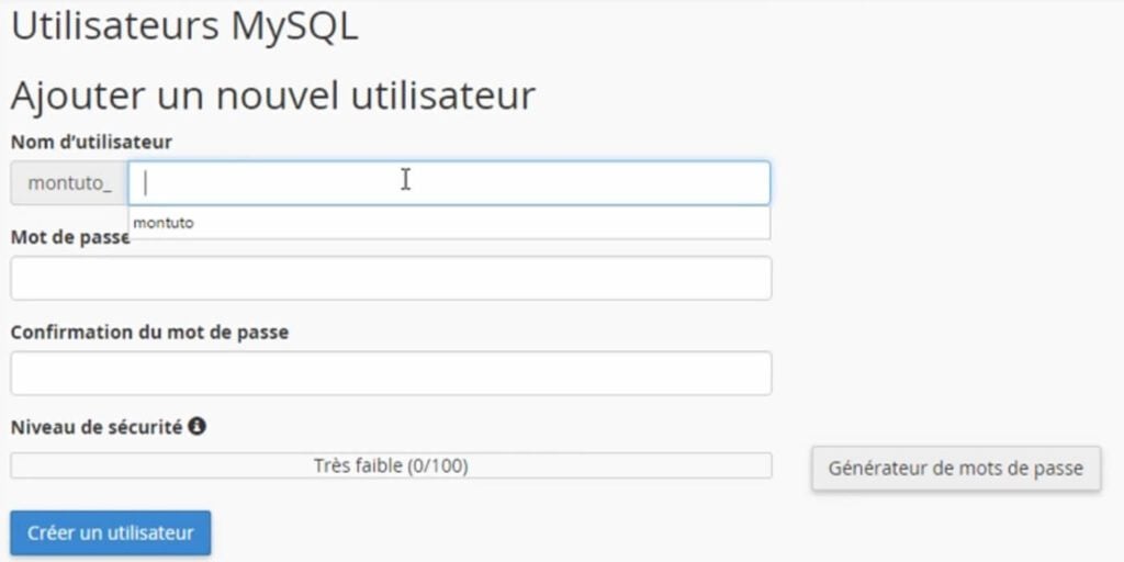 Création utilisateur base de données MySQL