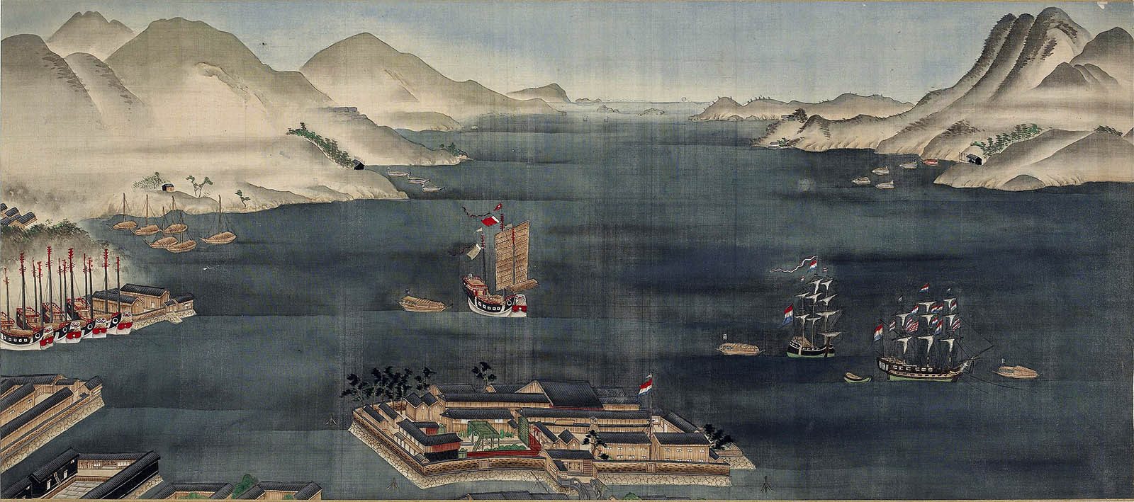 Vue de l'île enclave de Deshima, dans le port de Nagasaki, seul endroit où les navigateurs néerlandais pouvais débarquer pour faire commerce - Kawahara Keiga (川原慶賀) (1800-1820) - Domaine public, British Museum. 
