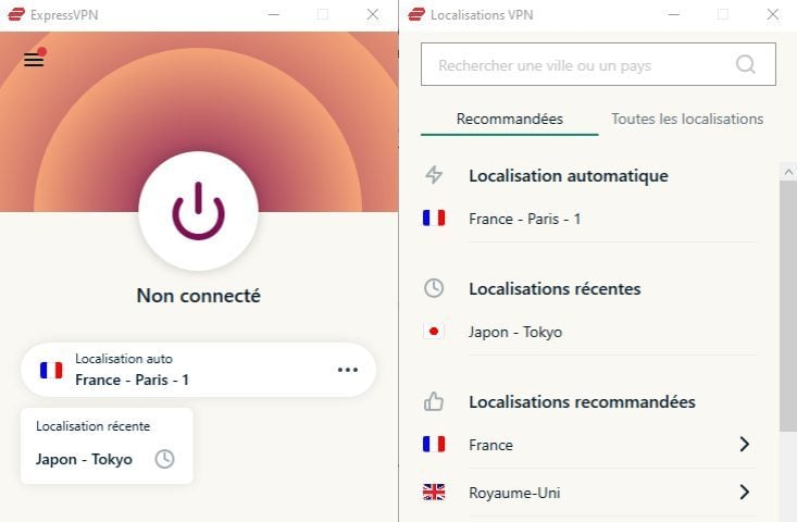 Interface de l'application ExpressVPN