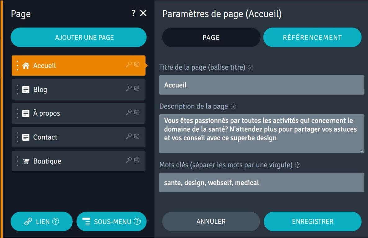 Paramètres SEO avec WebSelf